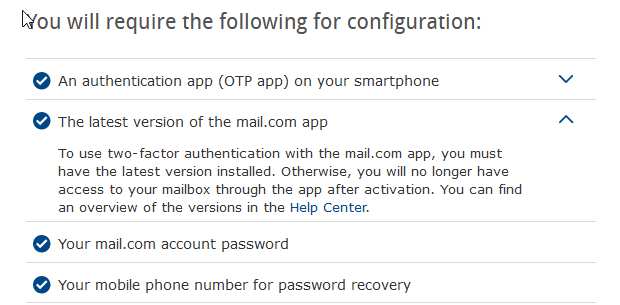 Screenshot of requirements for mail.com 2FA activation