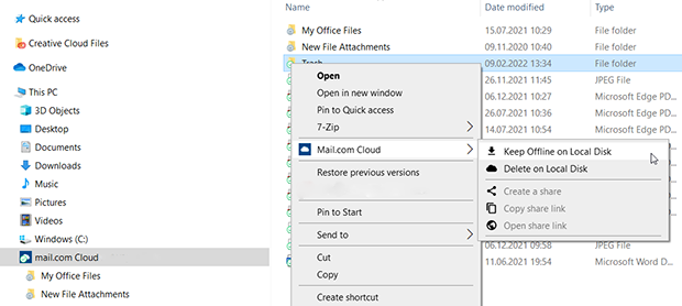 Screenshot of mail.com Cloud directory in Windows Explorer