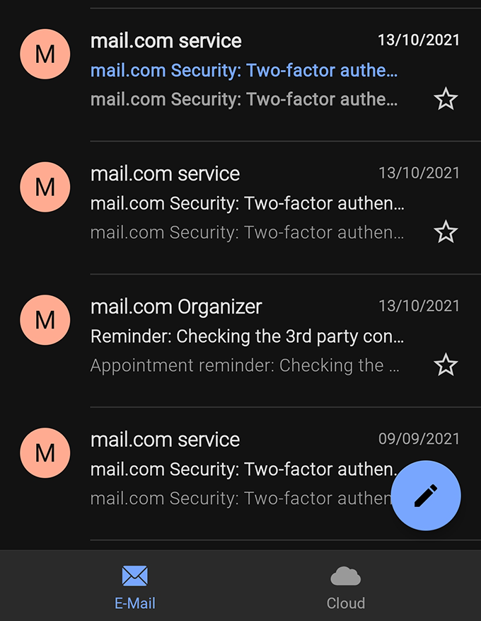 Screenshot of mail.com inbox in Android mail app