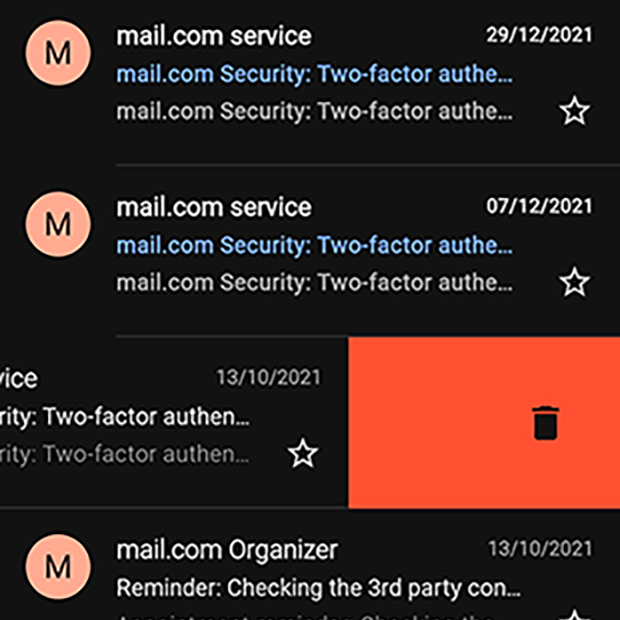 Screenshot of delete email function