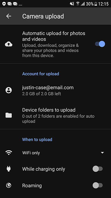 Screenshot of activate photo upload function in Android app