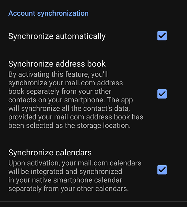 Screenshot of account synchronization settings in mail.com app for Android