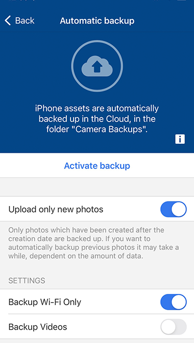 Screenshot of activate photo backup function on iPhone