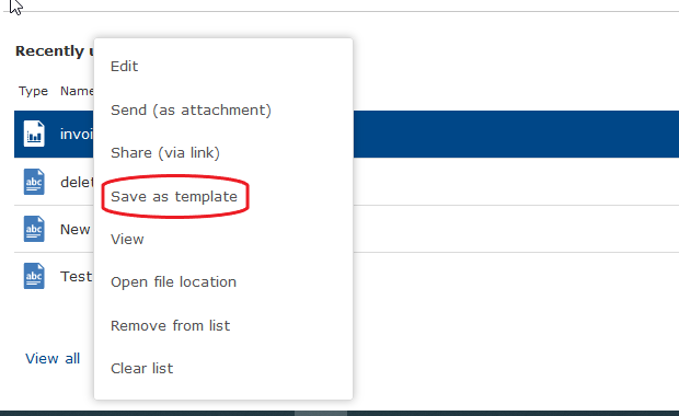 Screenshot of save as template option in Online Office