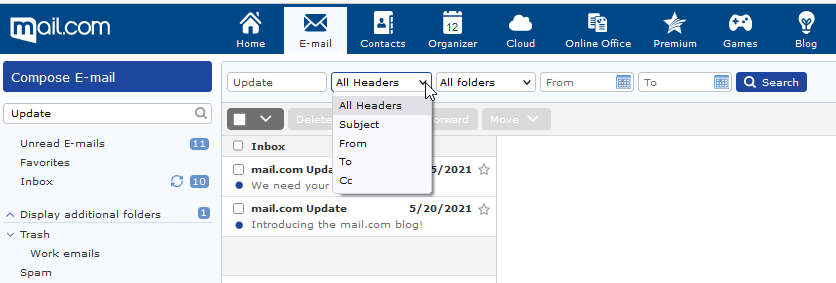 Screenshot of mail.com inbox search filters