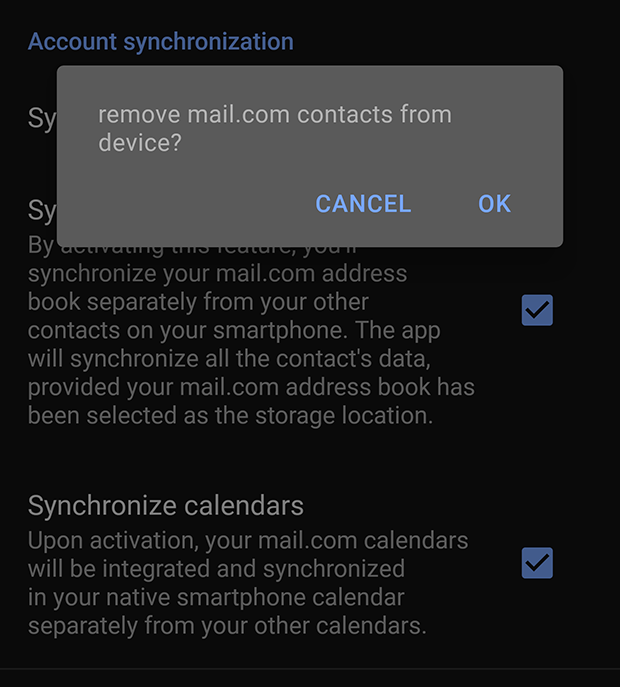 Screenshot of deactivation of synchronization options in 