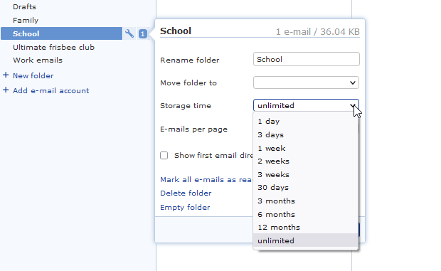 Screenshot of mail.com email folder settings
