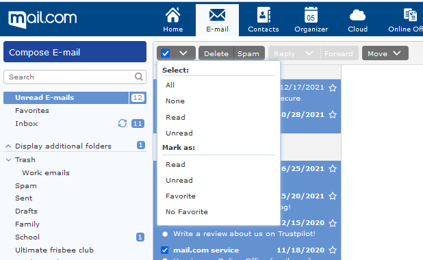 Screenshot of mail.com inbox delete menu