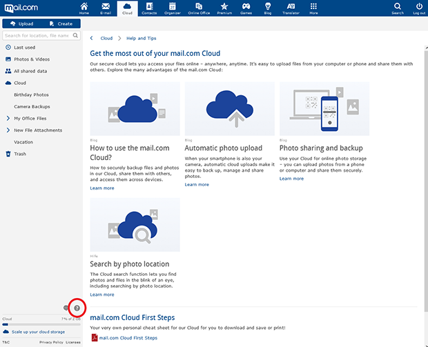 Screenshot of cloud information in mail.com web client