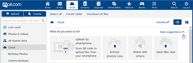 Screenshot of cloud use prompts in mail.com web client