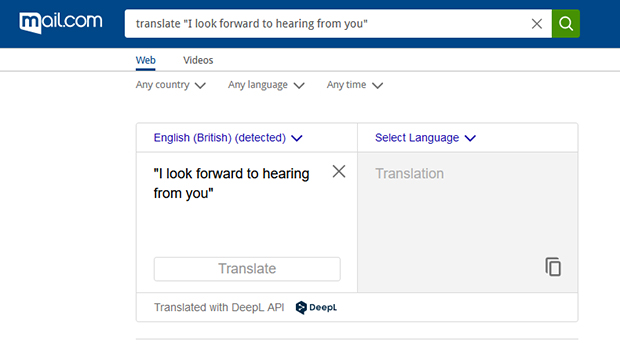 Screenshot of mail.com Translator interface