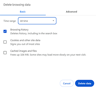 Screenshot of Chrome menu to delete browsing data