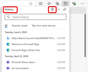 Screenshot of menu option to delete history in Edge