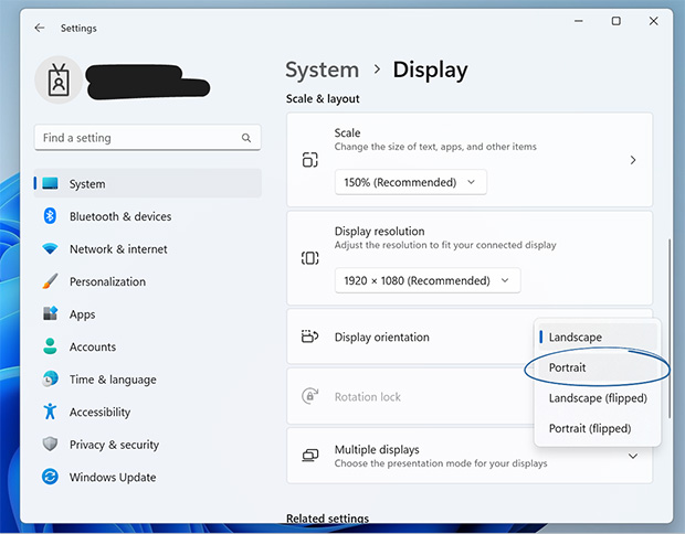 Screenshot of display orientation options