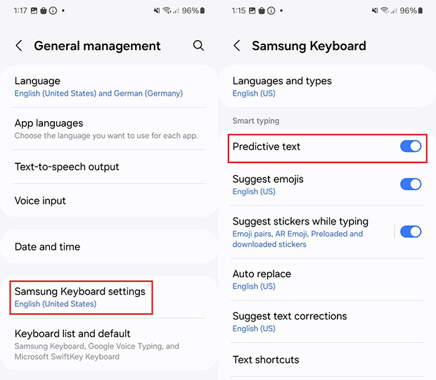 Screenshot of Samsung Galaxy settings for autocorrect