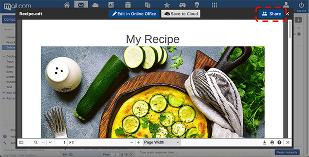 Screenshot of share button in mail.com Online Office