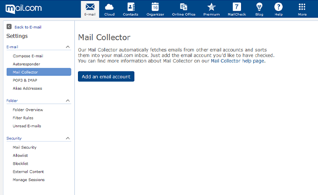 Screenshot of Mail Collector tool start page in mail.com email client