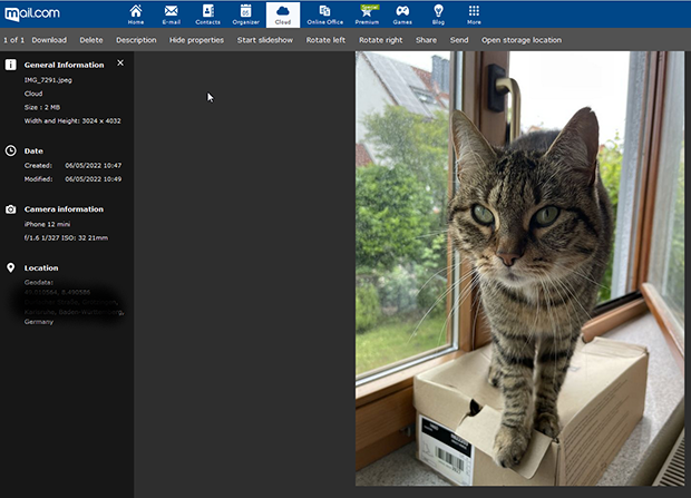 Screenshot of image properties in mail.com Cloud