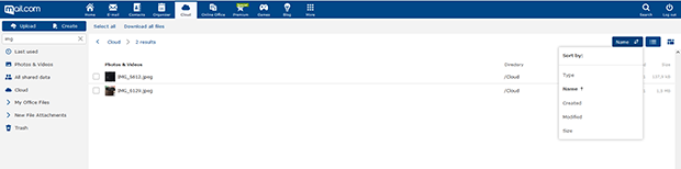 Screenshot of search function in mail.com Cloud