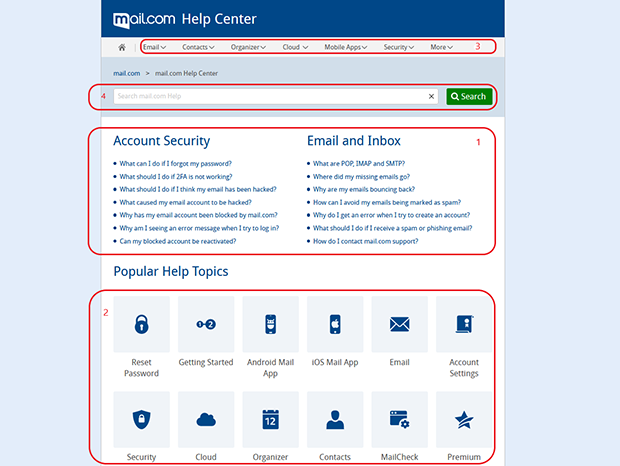 Screenshot of mail.com Help Center start page