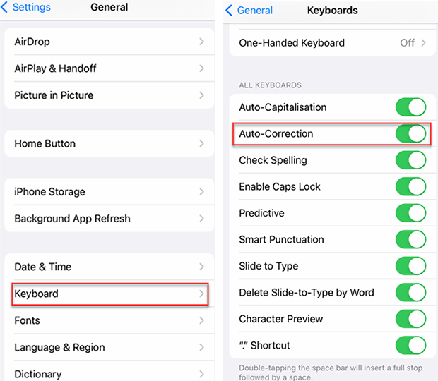 Screenshot of iPhone settings for keyboard options
