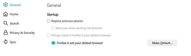 Screenshot of default browser settings in Firefox