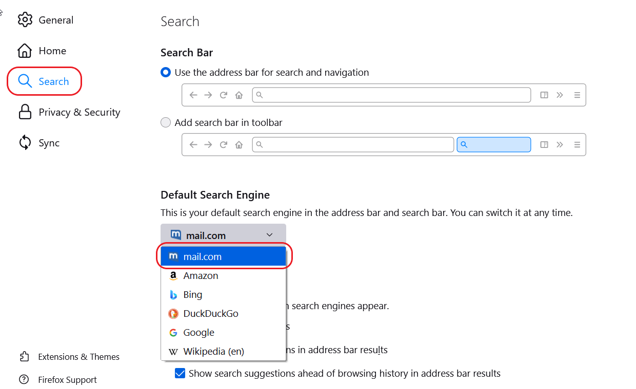 Screenshot of default search engine settings in Firefox