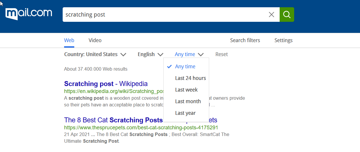 Screenshot of mail.com search filters