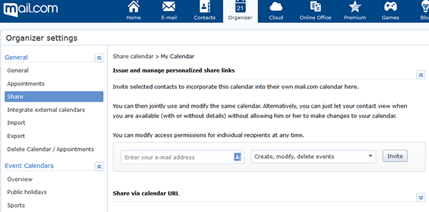 Screenshot of calendar share function in mail.com Organizer