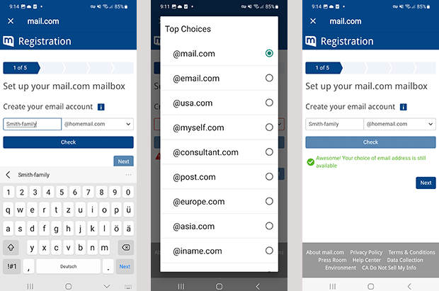 Screenshots of username and domain selection in mail.com app