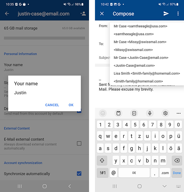 Screenshot of sender settings in mail.com app for Android