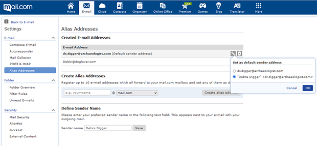 Screenshot of sender name settings