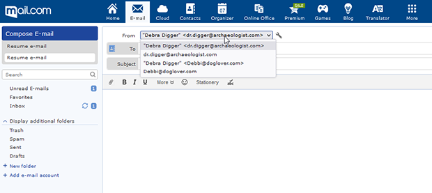 Screenshot of select sender option in compose email pane