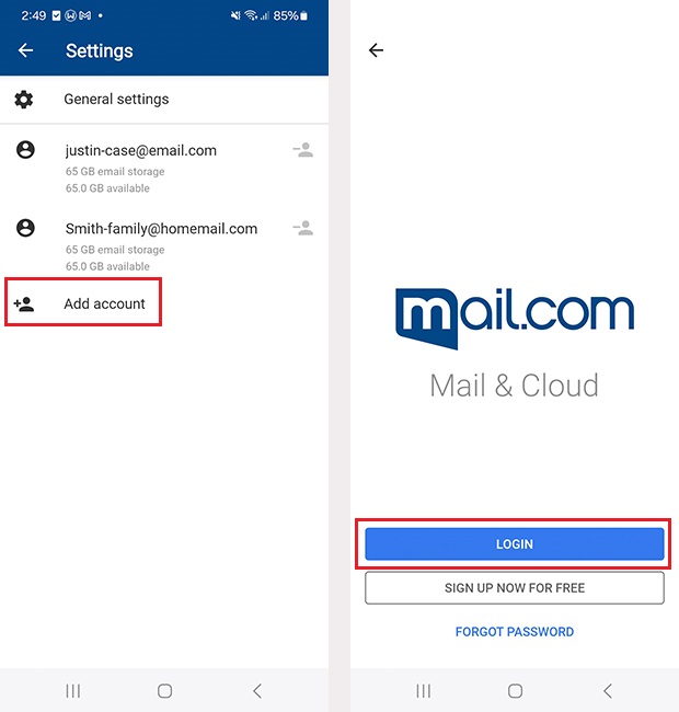 Screenshot of adding email account in mail.com app for Android