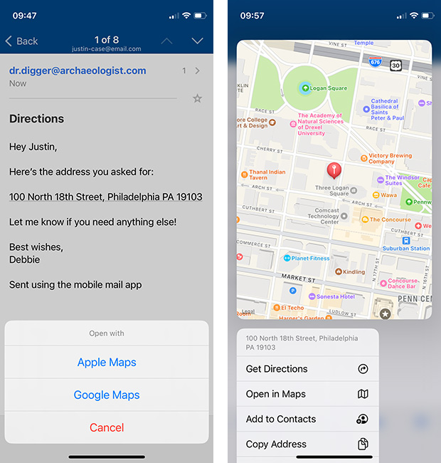 Two screenshots showing the map preview function in the mail.com mobile app for iOS