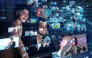 Two people interact with a digital interface surrounded by floating images and data streams.