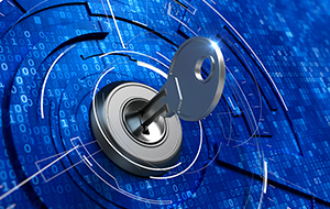A digital key inserted into a high-tech lock on a binary code background.