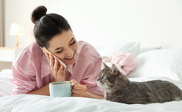 Cat lies on bed next to woman speaking on smartphone 