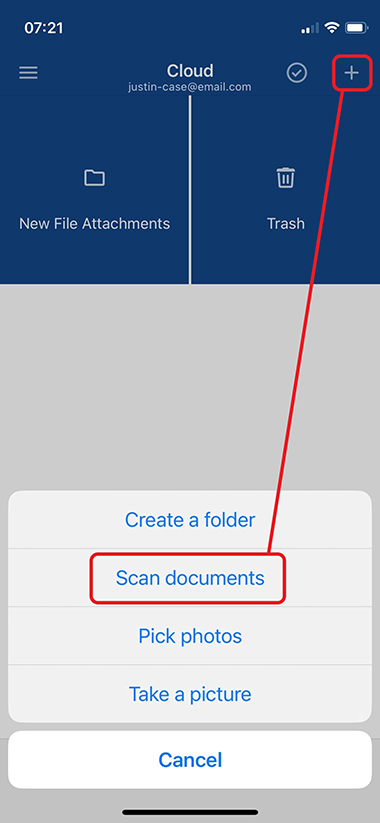 Screenshot of scan document function in mail.com Mail App Cloud