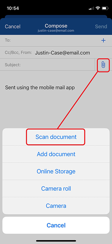 Screenshot of scan document function in mail.com Mail App compose email