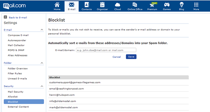 Screenshot of blocklist function in mail.com email settings