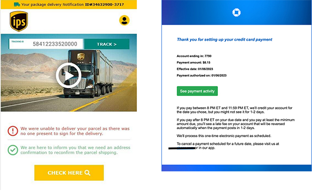Screenshots of phishing mails from parcel service and bank