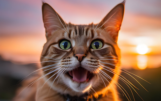 AI-generated image of cat smiling at sunset