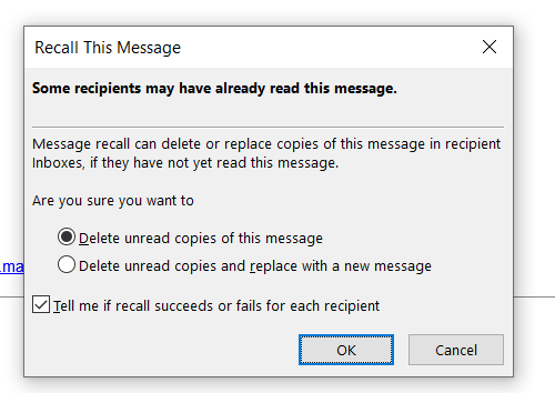 Screenshot of Outlook recall email dialog