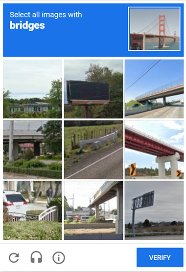 Screenshot of reCAPTCHA test with traffic lights