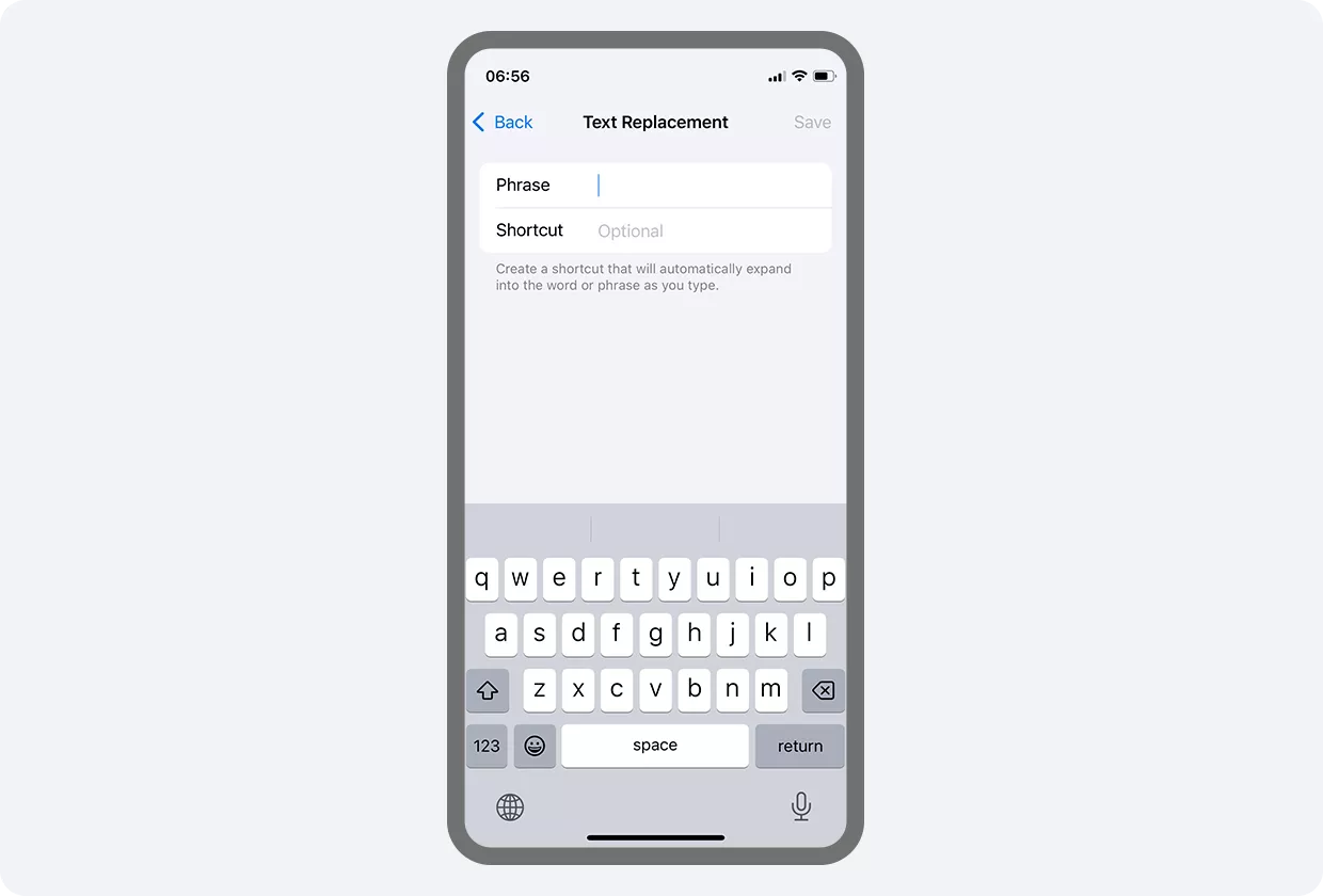 screenshot of text replacement in settings