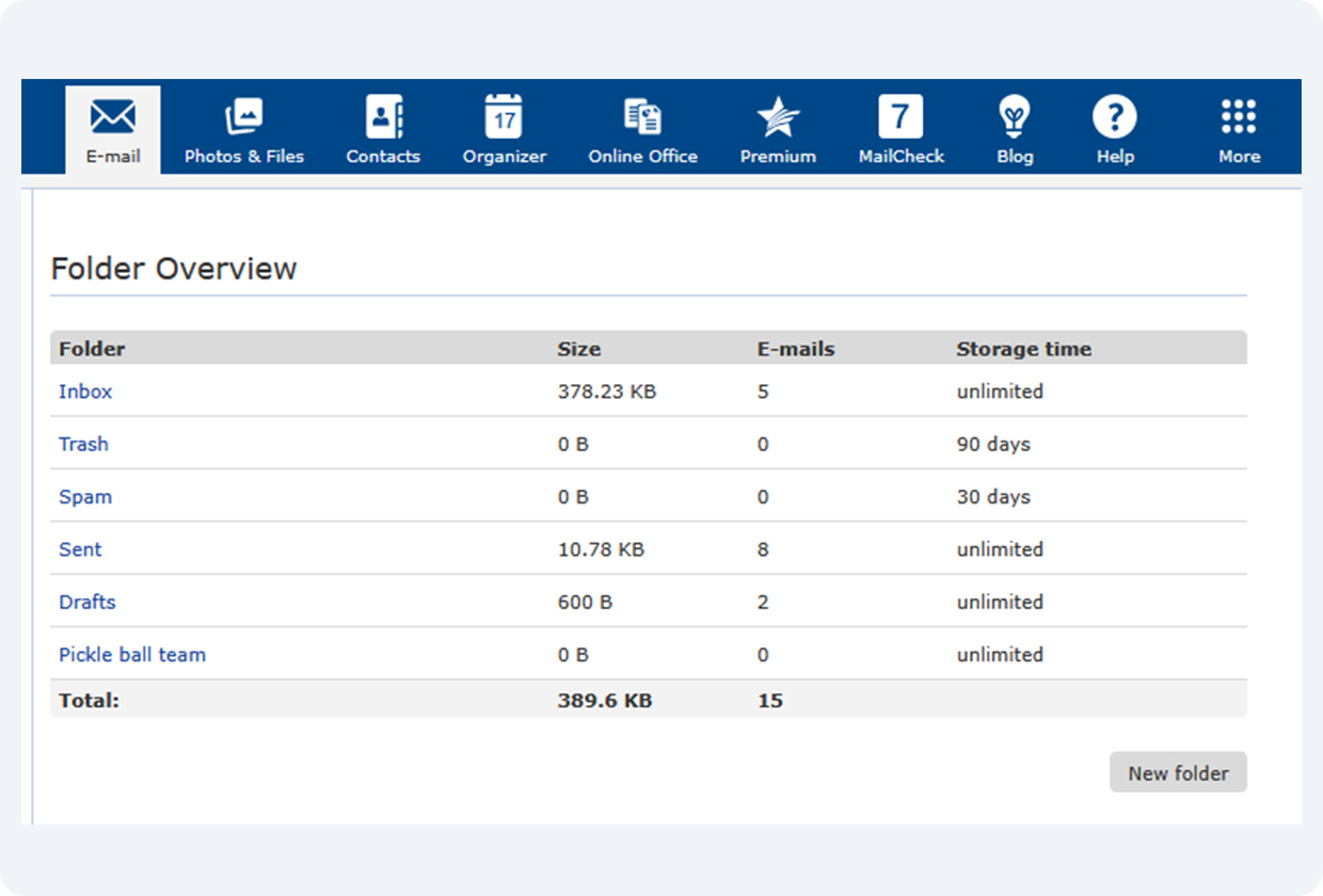 Overview of a folder in settings