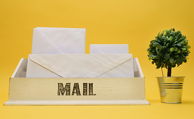 Mail inbox containing three envelopes next to a small potted plant against a yellow background