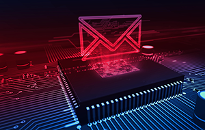 Internet email communication in cyberspace with envelope sign hologram over working cpu in background