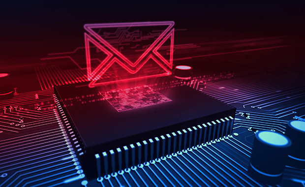 Internet email communication in cyberspace with envelope sign hologram over working cpu in background